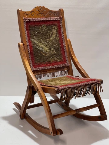 Vintage Antique Folding Wooden Rocking Chair Carved Tapestry Victorian Cover