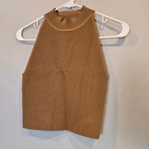 Aritzia Babaton Top Sculpt Knit Mockneck Halter Womens Small Tan Crop Ribbed - Picture 1 of 5