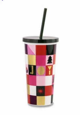 Kate Spade 圣诞隔热不倒翁带盖子和吸管格子假日快乐 — 第 1/2 张图片