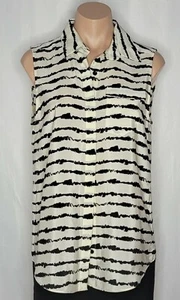 Parker Zebra Striped Cream & Black Sleeveless Silk Blouse with Split Back Size L - Picture 1 of 7
