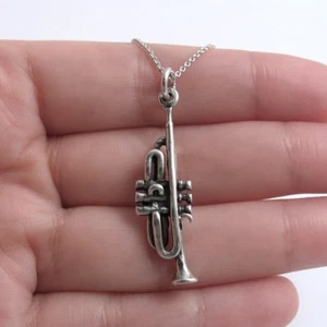 925 Sterling Silver 3D Trumpet Charm with Necklace - Picture 1 of 1