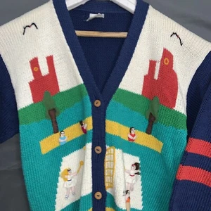 Vintage 90er Andina Neuheit Baumwolle Knopf Pullover Tennisspieler bunt - Bild 1 von 19