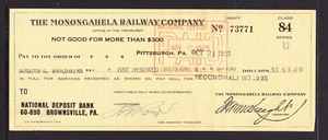 RAILWAY CHEQUE, THE MONONGAHELA RAILWAY COMPANY 1925 - Picture 1 of 1