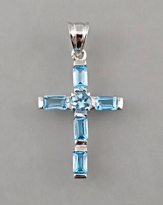 9923434 Ciondolo A Croce In Blu Topazio Argento 925 2 X 3,5 Cm - Immagine 1 di 3