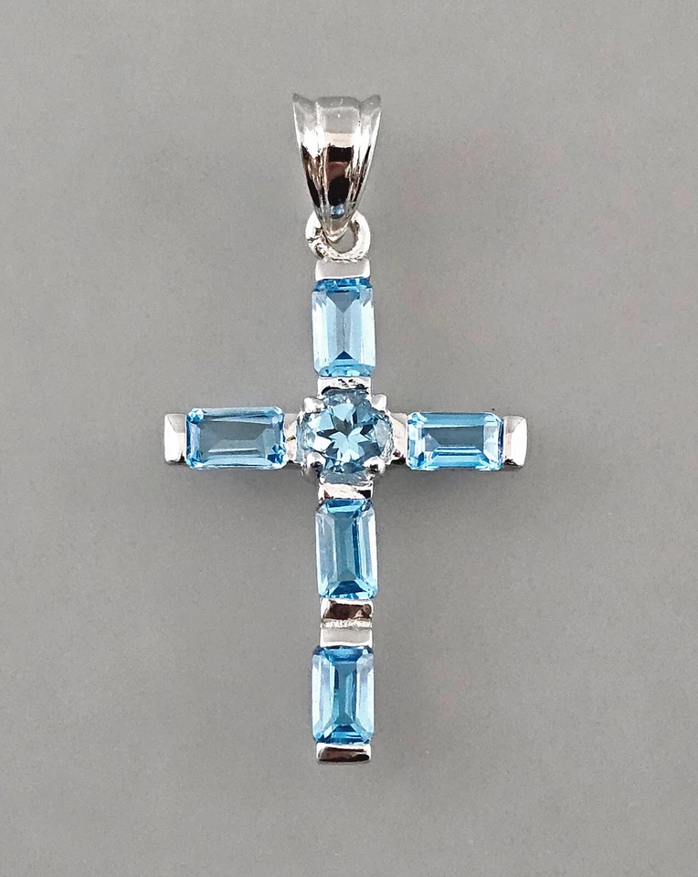 9923434 Ciondolo A Croce In Blu Topazio Argento 925 2 X 3,5 Cm - Immagine 1 di 3