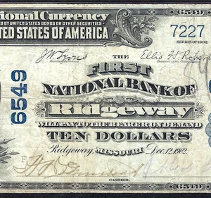 🇺🇸 MO 1902 $10 ♚♚ RIDGEWAY, MISSOURI ♚♚ PMG VERY FINE 20 SCARCE NOTE! - Picture 1 of 3