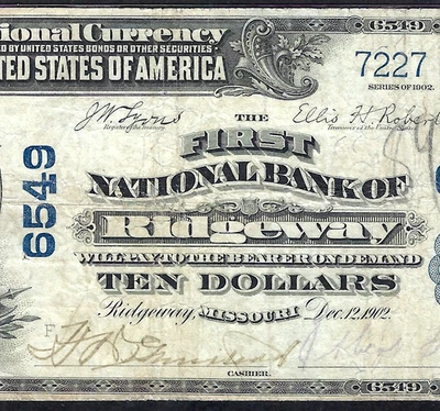 🇺🇸 MO 1902 $10 ♚♚ RIDGEWAY, MISSOURI ♚♚ PMG VERY FINE 20 SCARCE NOTE! - Image 1 of 3