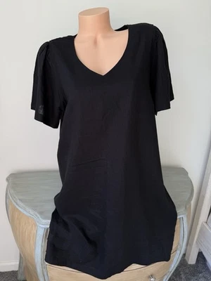 Nicole Miller Linen Blend Tunic Dress XL 16 Shift Black Tropical Pink Floral Fun - Image 1 of 4