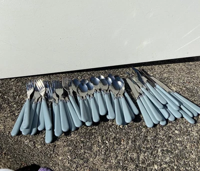 Large Lot of Flatware 47 Piece Set Gray Plastic Handles Stainless China - Image 1 of 4