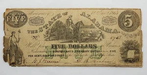 1864 $5 The State of Alabama, Montgomery, No 5753 Circulated Treasury Note - Picture 1 of 8