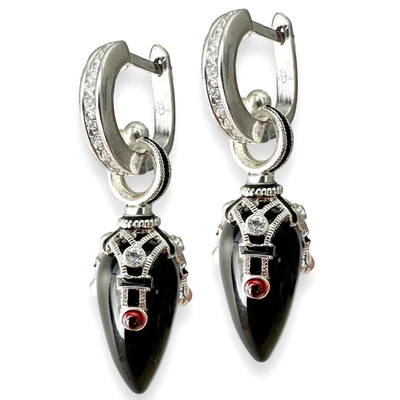 925 Sterling Black Onyx Faberge Earrings Swarovski Crystals Garnets Enamel Hoop - Image 1 of 4