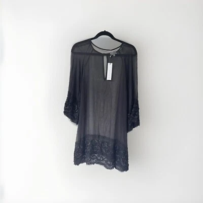 Miguelina Womens Black Sheer Silk Chiffon Lace Trim Tunic Dress  Black Size S - Image 1 of 4