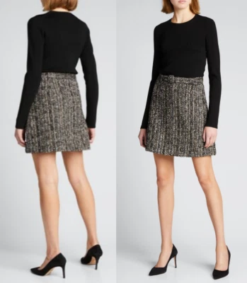 THEORY Long-Sleeve Wool-Blend-Knit/ Tweed Combo Mini Dress Black Multi XS-S $475 - Image 1 of 4