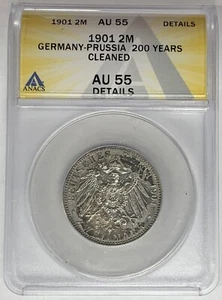 1901 Germany-Prussia 2 Mark Coin ANACS AU 55 Details Cleaned W6 A - Picture 1 of 2