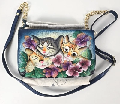 Anuschka Hand Painted Leather Double Zip Top Crossbody Bag Three Kittens Floral - Image 1 of 4