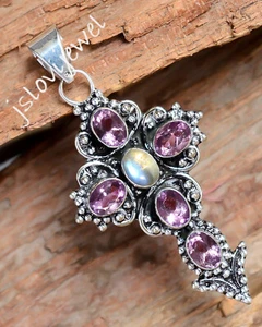 Faceted Amethyst & Labradorite Gemstone 925 Sterling Silver Cross Easter Pendant - Picture 1 of 6