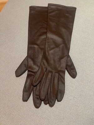 Luvas de ópera vintage longas marrom escuro cetim, tamanho 71/2 15 polegadas de comprimento novas sem etiquetas - Imagem 1 de 4