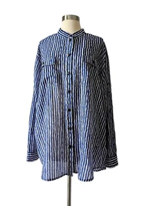 MICHAEL KORS Top Shirt Blue White Black Striped Button Up Oversized LARGE - Picture 1 of 6