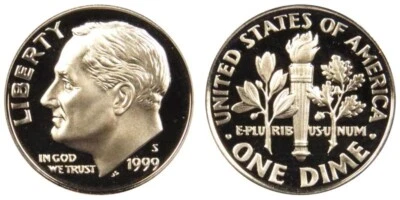 1999 P D S - ROOSEVELT DIME- GEM BU  from Mint Sets in Cello + PROOF - Image 1 of 3