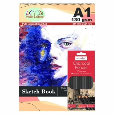 Almohadilla de dibujo A1 + 12 lápices de carbón libro blanco artista pintura conjunto dibujo Foto 1 de 4