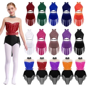 Kid Girls Latin Jazz Dance Dress Sparkly Rhinestones Backless Leotard with Skirt - Picture 1 of 125