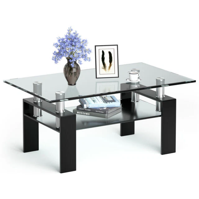Costway HW66849BK Rectangle Glass Coffee Table - Black