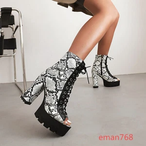 Peep Toe High Top Ankle Boots High Block Heels Motorcycle Booties Women Shoes Sz - Picture 1 of 16