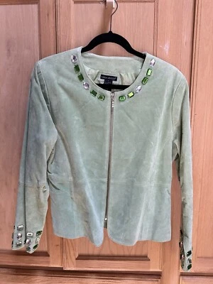 Chaqueta Karen Arnold Cuero Gamuza Genuino Cremallera Piedras Verde Lima Talla L Foto 1 de 4