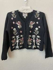 Cardigan maglione donna nero cimelio da collezione ricamato floreale taglia media - Foto 1 di 6
