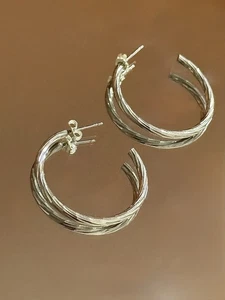 Pendientes de aro vintage de plata de ley 925 retro años 80 con corte de diamante retorcido - Imagen 1 de 1