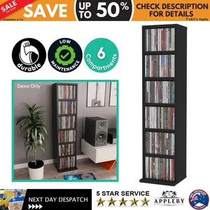 CD Rack Tower 6 Tier Media Album Holder Stand Organiser Cabinet Furniture Black - Picture 1 of 8