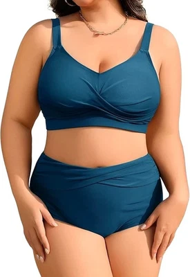2 Piece Plus Size Tummy Control High Waist Bikini Swimsuit Cups C-D Size 2XL 18 - Image 1 of 4