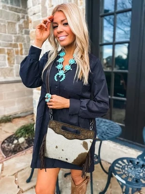 Genuine Hair-On Cowhide Crossbody Bag Tooled Leather Fringe Western Purse - Image 1 of 4