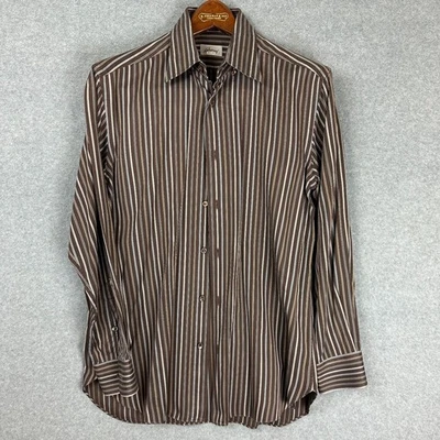 Brioni Brown With Blue & White Striped Button Down Dress Shirt M Italy Flaw - Image 1 of 4