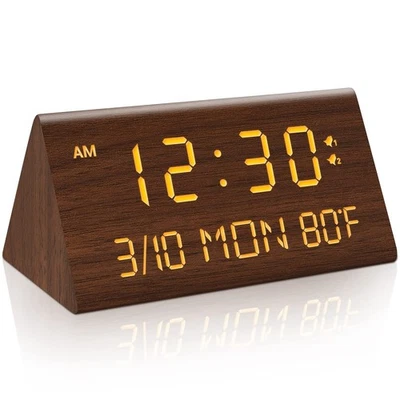 Reloj despertador digital de madera, 0-100% atenuador, 2 ajustes de alarma, día laborable/todos los días... Foto 1 de 4