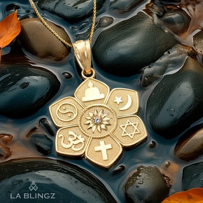 Collar Oro Loto Interreligioso Diamante Colgante Unidad Espiritual Dije 10K/14K Foto 1 de 4