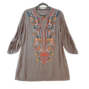 Top túnica solitario bordado talla grande gris bohemio arte popular hippie lengüeta enrollable - Imagen 1 de 7