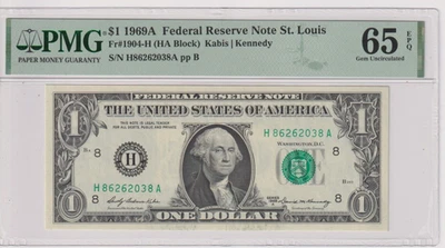 Fr 1904-H 1969A $1 FRN H86262038A PMG 65EPQ 1969-A GEM CU ST LOUIS - Image 1 of 2