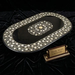 Black Marble Tabletop White Mother of Pearl Floral Inlay Oval 48 x 24 inches - Picture 1 of 13