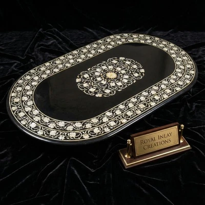 Black Marble Tabletop White Mother of Pearl Floral Inlay Oval 48 x 24 inches - Image 1 of 4