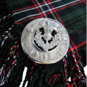 Scottish Kilt Fly Plaid Brooch Thistle Crest Chrome Finish 3"/Scottish Brooches - Picture 1 of 2