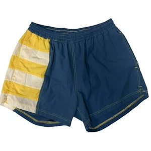 Vtg 80's Blue Yellow Color Block SWIM Trunks ATHLETIC Beach SURF Shorts S - Picture 1 of 5