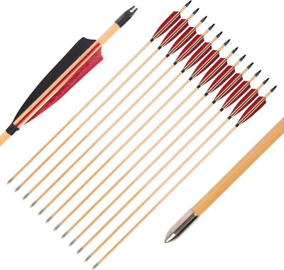 12Pcs 32" Archery Wooden Arrow OD 8mm W/ Turkey Feather for Recurve Bow Hunting - Image 1 of 4