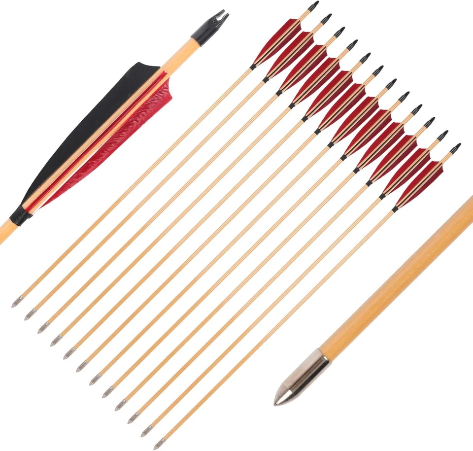 12 peças 32" flecha de madeira arco e flecha OD 8mm com pena de peru para caça com arco curvo - Imagem 1 de 4