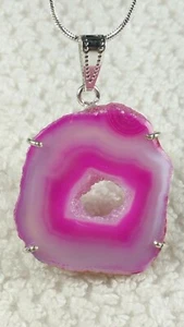 1.75" PINK CLEAR GEODE SLICE DRUZY QUARTZ STERLING SILVER PENDANT NECKLACE 18" - Picture 1 of 9