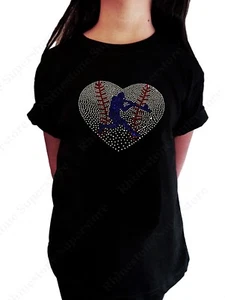 Girls Rhinestone T-Shirt " Baseball Heart with Batter " in Size 3 - 14 Available - Picture 1 of 1