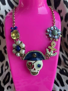 Betsey Johnson Ship Shape Pirate Skull Crystal Anchor Embellished Necklace RARE - Picture 1 of 8