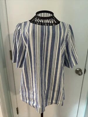 Cabi S white blue striped linen short sleeve blouse - Изображение 1 из 4