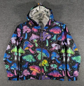 Youth XL Full Zip Hoodie Jacket Black Neon Mushrooms Grunge Skater Punk Retro - Picture 1 of 16