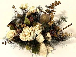Vtg Silk Floral Arrangement W Horn Winter Or Holiday Theme Decor 24x11” - Picture 1 of 9
